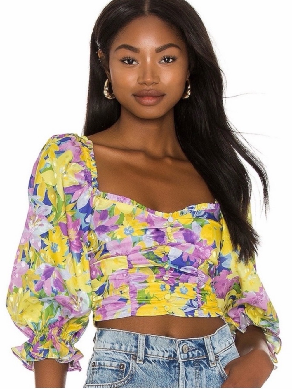 For Love & Lemons Cassia crop top- yelloe purple floral - Picture 2 of 5